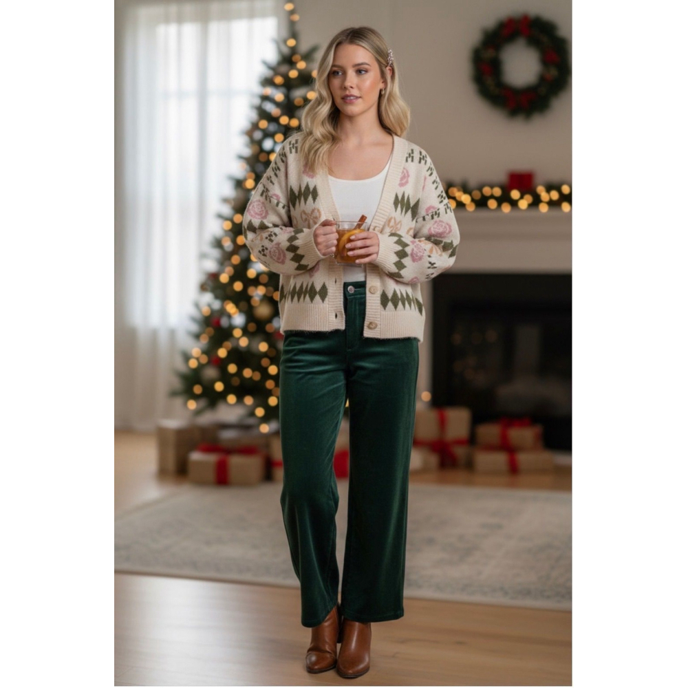 Very J Bow & Floral Holiday Knit Sweater Cardigan large